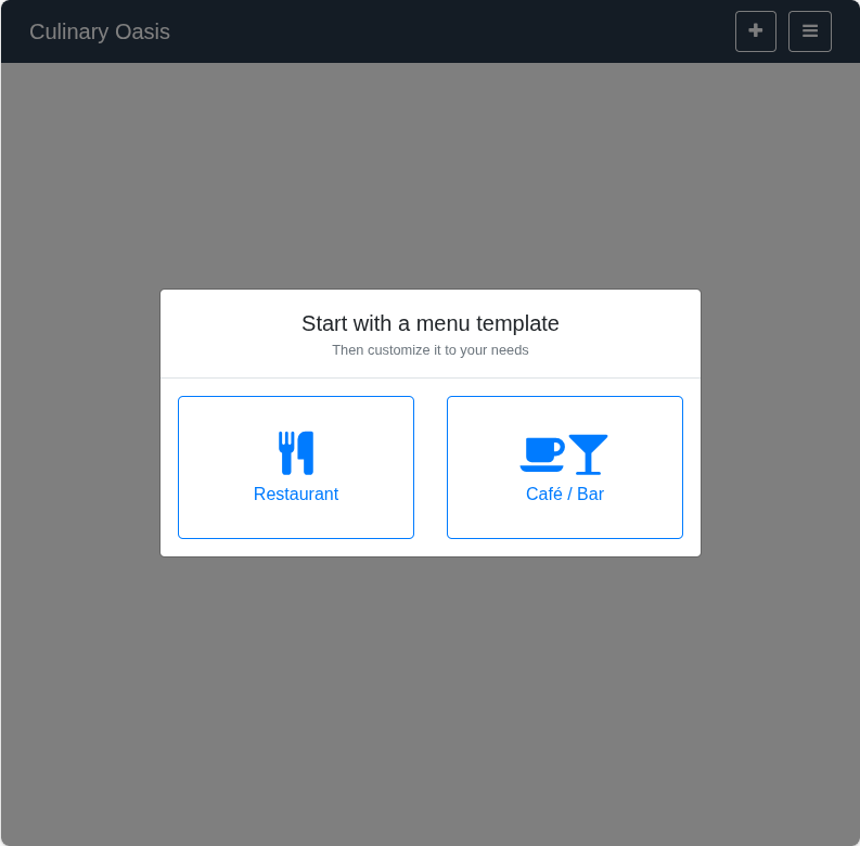 ‘Start with a menu template’ screen