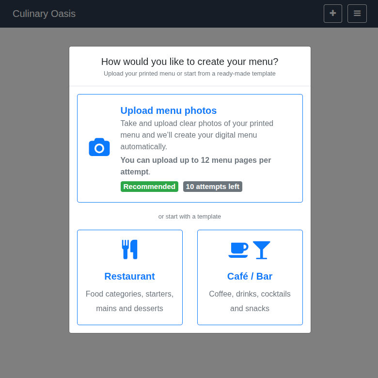 ‘Choose how to create your menu’ screen