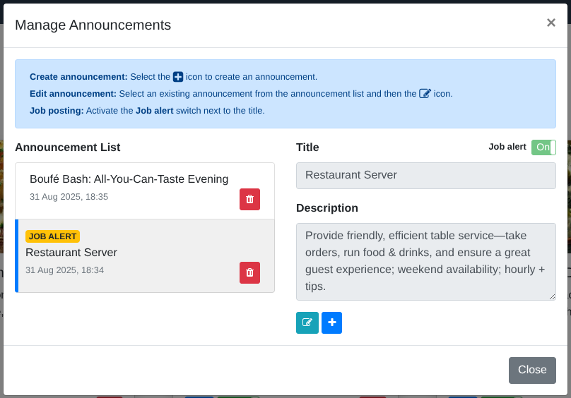 ‘Manage Announcements’ window