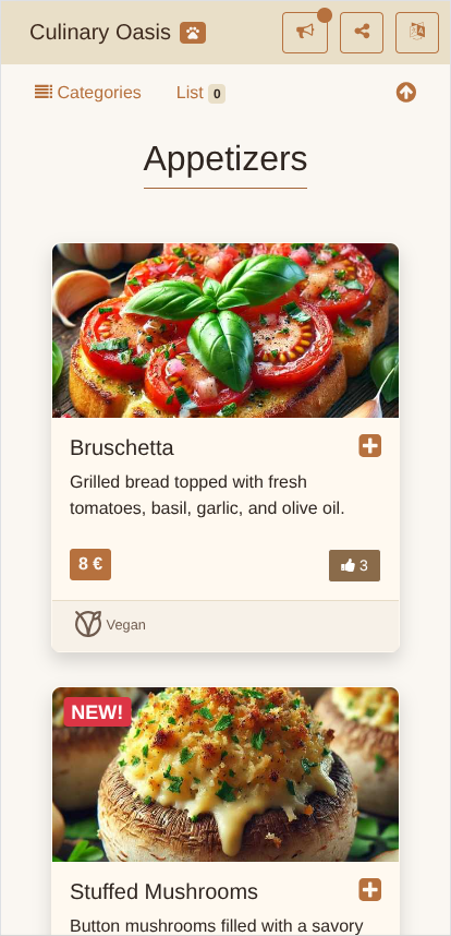 Customer menu view
