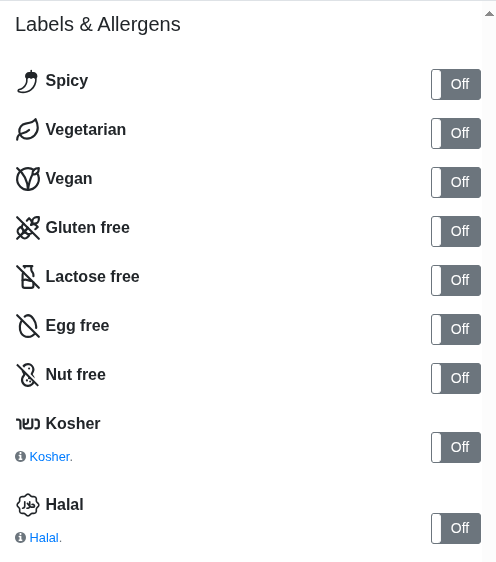 ‘Add item’ window’s ‘Labels & Allergens’ options