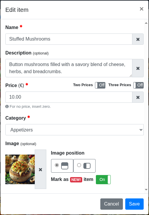 ‘Edit item’ window