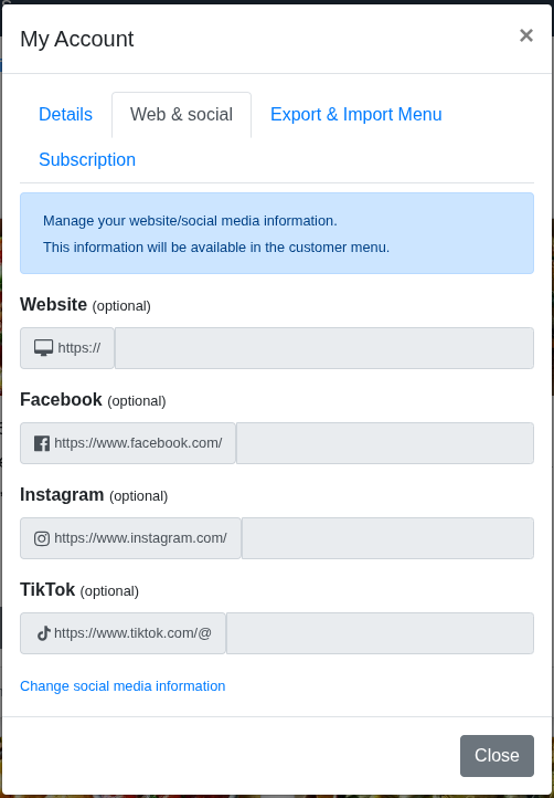 ‘My Account’ window - Web & social