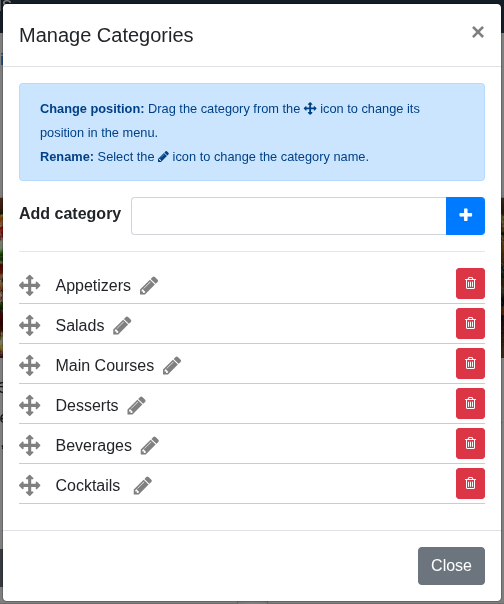 ‘Manage Categories’ window
