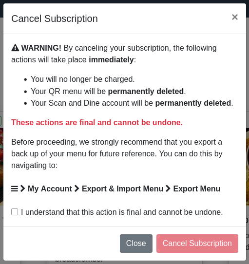 Cancel subscription window Cancel subscription window
