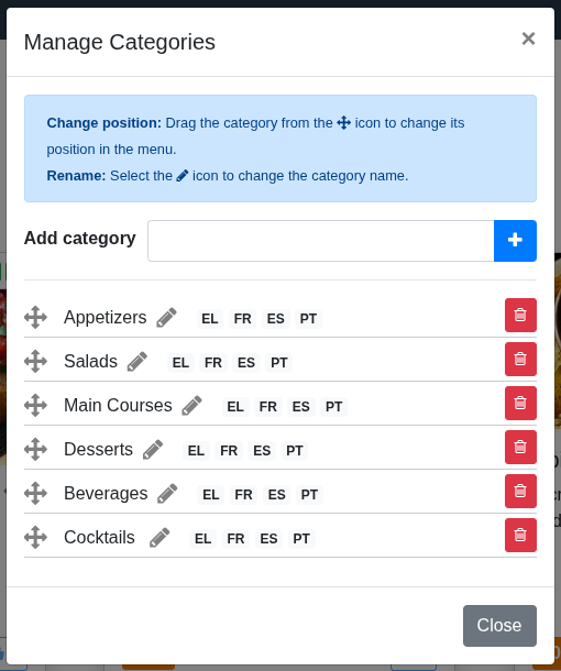 ‘Manage Categories’ window - Translations