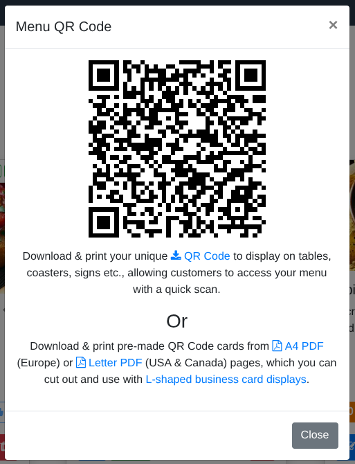 ‘Menu QR Code’ window