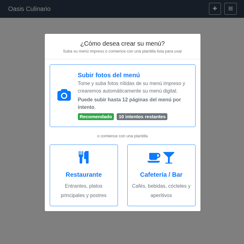 Pantalla «Elegir cómo crear su menú» Pantalla «Elegir cómo crear su menú»