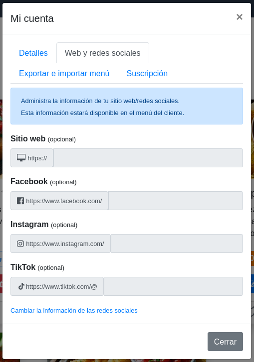 Ventana «Mi cuenta» - Web y redes sociales