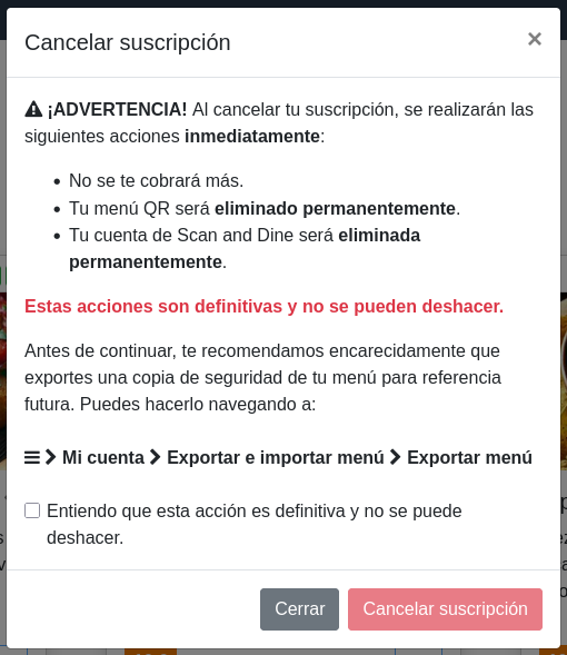 Ventana «Cancelar suscripción» Ventana «Cancelar suscripción»