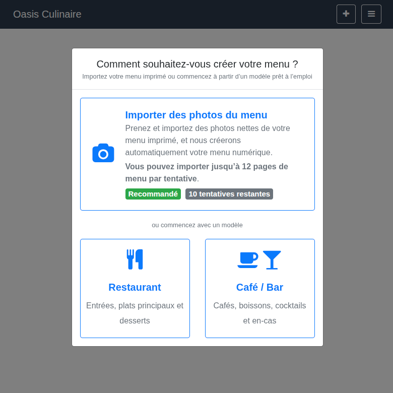Écran « Choisir comment créer votre menu »