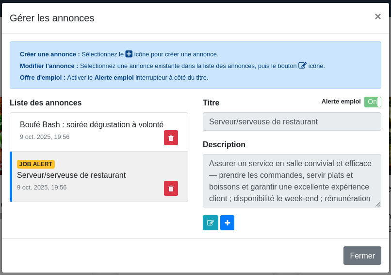 Fenêtre « Gérer les annonces »