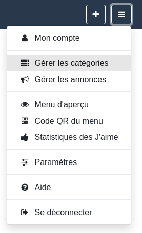 Menu « Options et paramètres » — Gérer les catégories