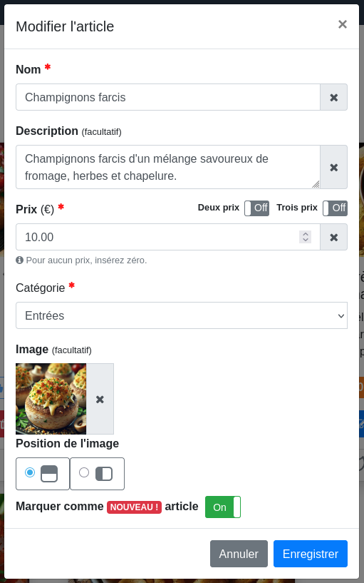Fenêtre « Modifier l’article »
