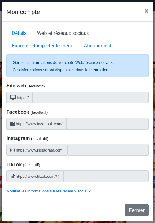 Fenêtre « Mon compte » — Web et réseaux sociaux
