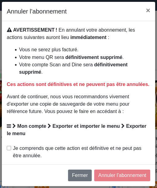 Fenêtre « Annuler l’abonnement »