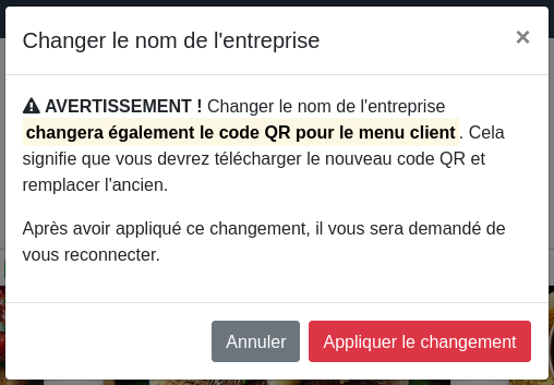 Modifier le nom de l’entreprise — confirmation