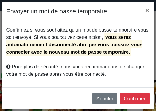 Fenêtre « Mot de passe oublié »