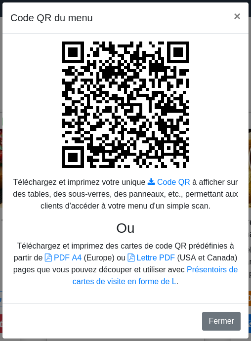 Fenêtre « Code QR du menu »