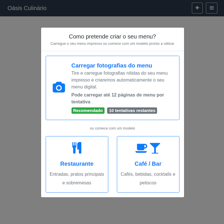 Ecrã «Escolher como criar o seu menu»