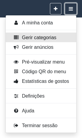 ’Menu “Opções e definições” – Gerir categorias