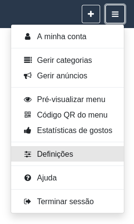 ’Menu “Opções e definições” – Definições