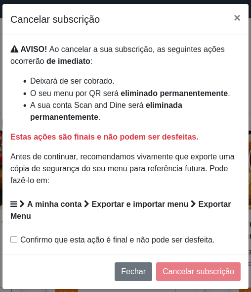 Janela “Cancelar subscrição”