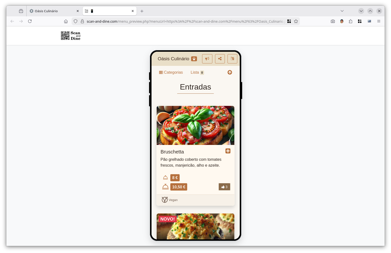 Pré-visualizar menu – Ecrã de desktop